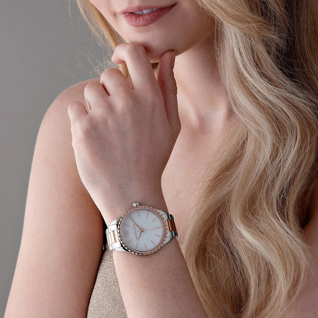 Michael Kors Layton Three Hand Mother of Pearl White Dial Two Tone Steel Strap Watch For Women - MK6849 Buy Now By Michael Kors