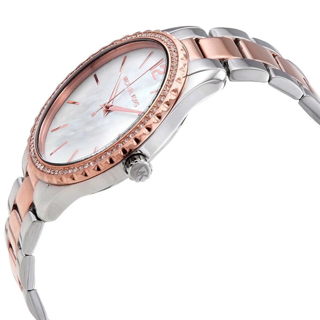 Michael Kors Layton Three Hand Mother of Pearl White Dial Two Tone Steel Strap Watch For Women - MK6849 Buy Now By Michael Kors
