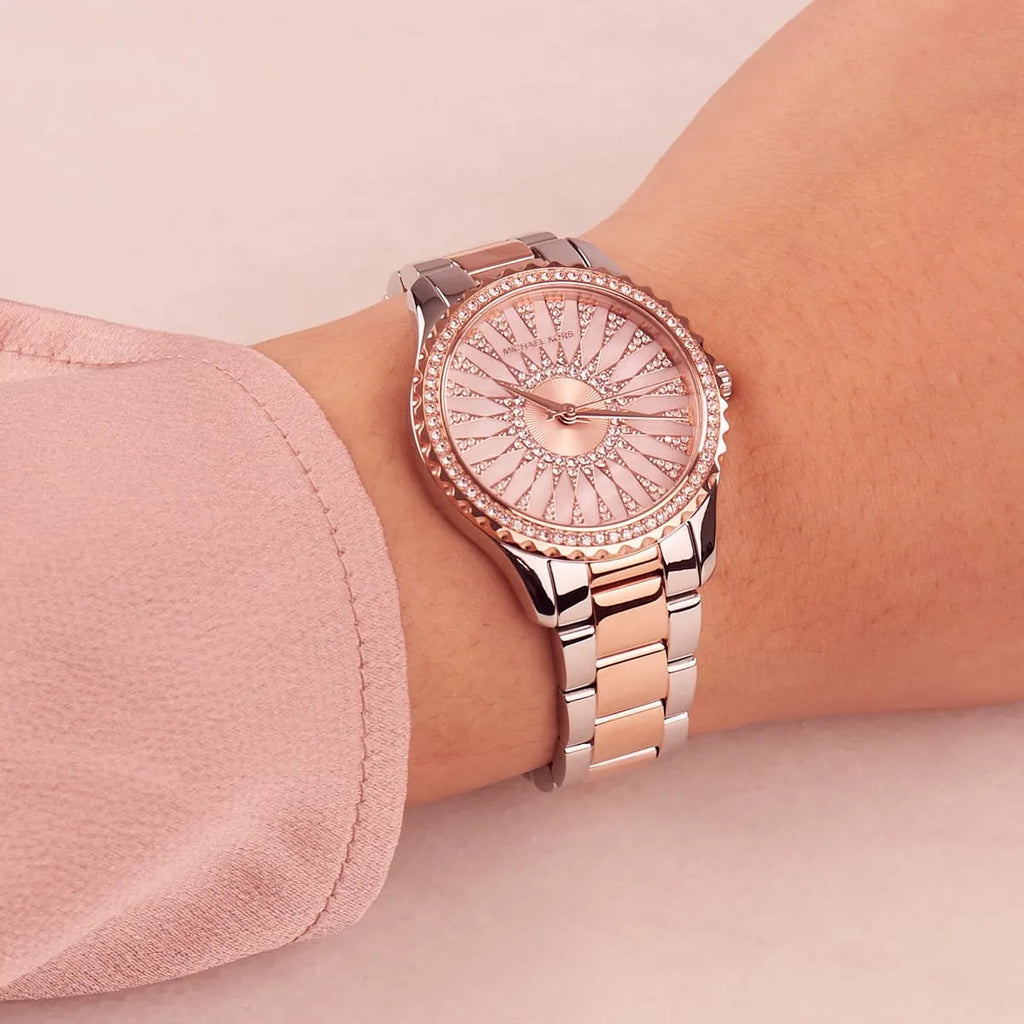 Michael Kors Layton Three Hand Pink Dial Two Tone Steel Strap Watch For Women - MK6894 Buy Now By Michael Kors