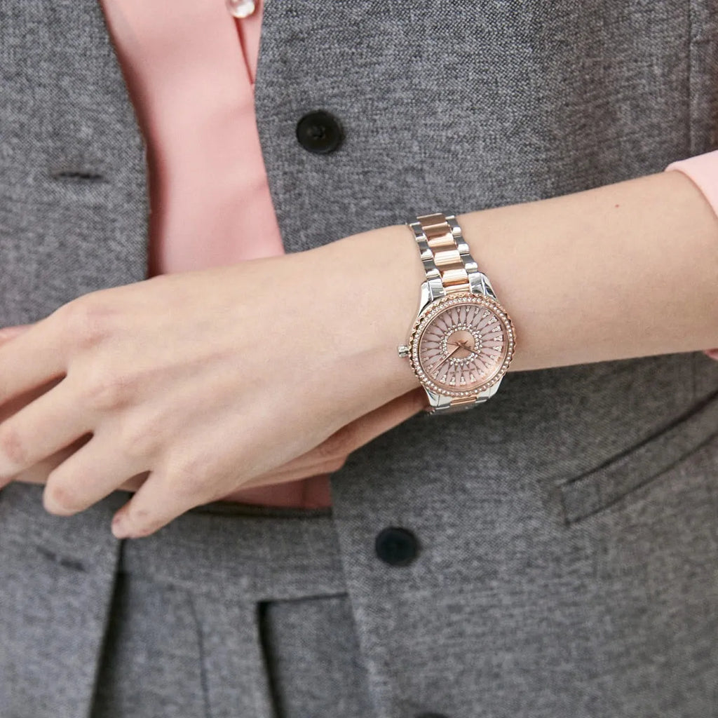 Michael Kors Layton Three Hand Pink Dial Two Tone Steel Strap Watch For Women - MK6894 Buy Now By Michael Kors