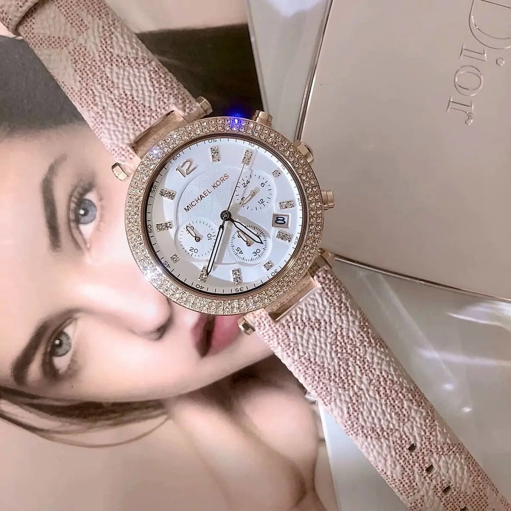 Michael Kors Parker Chronograph White Dial Pink Leather Strap Watch For Women - MK6935 Buy Now By Michael Kors