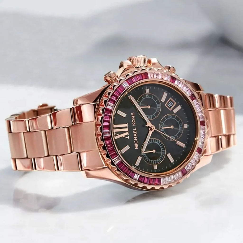 Michael Kors Everest Chronograph Black Dial Rose Gold Steel Strap Watch for Women - MK6972 Buy Now By Michael Kors