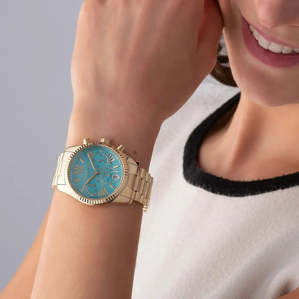 Michael Kors Lexington Chronograph Blue Dial Gold Steel Strap Watch For Women - MK7216 Buy Now By Michael Kors