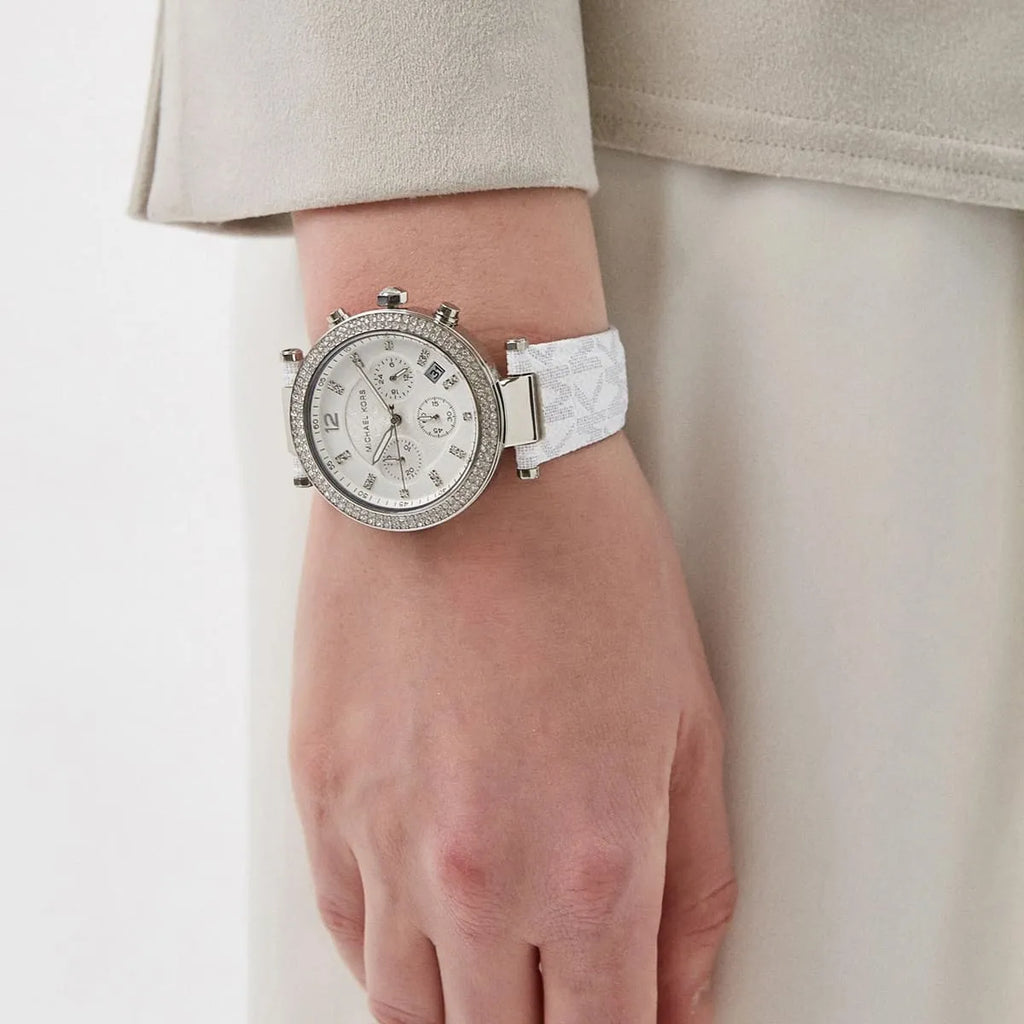 Michael Kors Parker Chronograph White Dial White Leather Strap Watch For Women - MK7226 Buy Now By Michael Kors