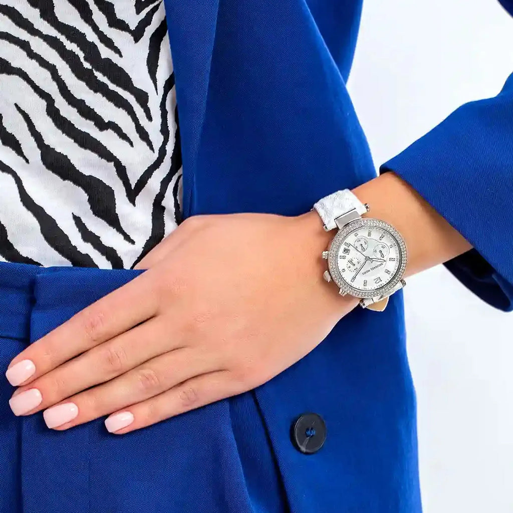 Michael Kors Parker Chronograph White Dial White Leather Strap Watch For Women - MK7226 Buy Now By Michael Kors