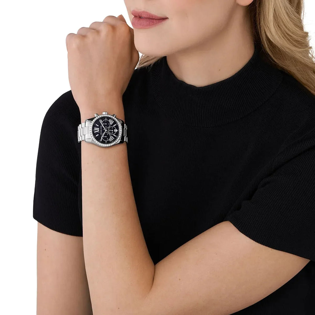 Michael Kors Lexington Chronograph Black Dial Silver Steel Strap Watch For Women - MK7277 Buy Now By Michael Kors