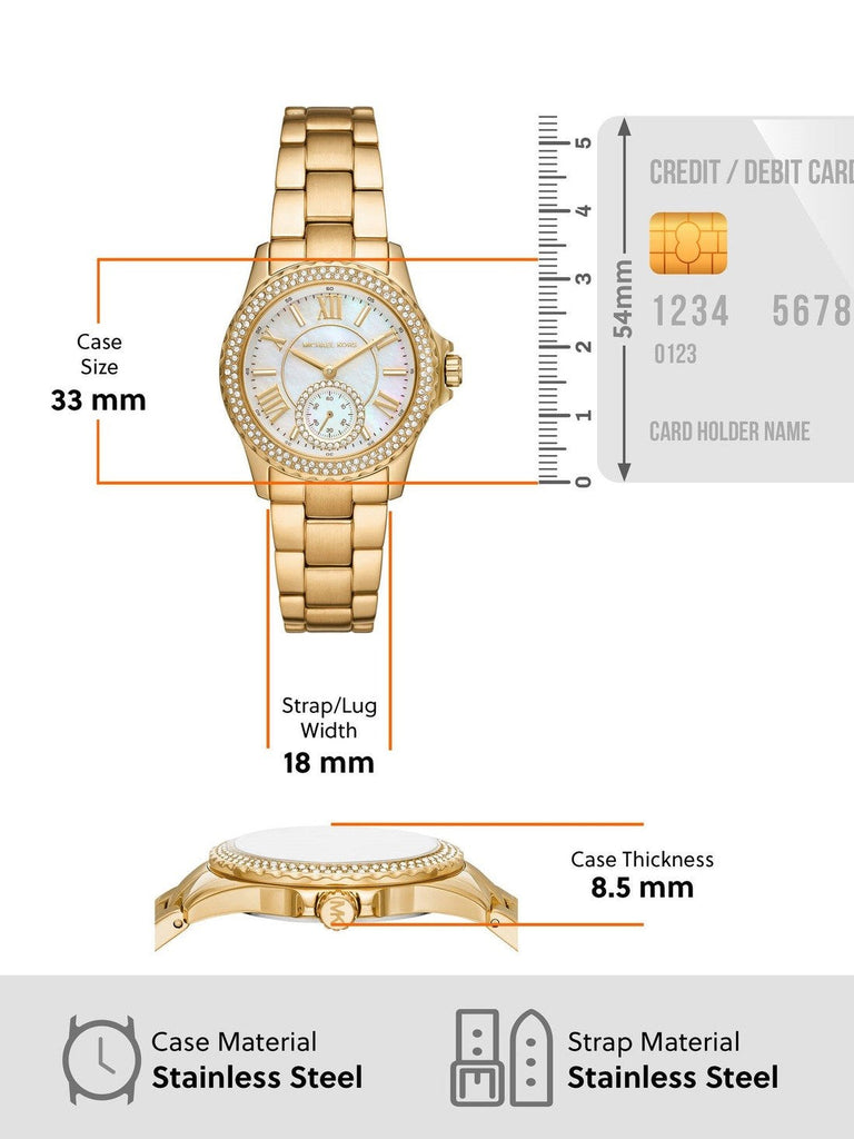 Michael Kors Everest Three-Hand Mother of Pearl White Dial Gold Steel Strap Watch For Women - MK7363 Buy Now By Michael Kors
