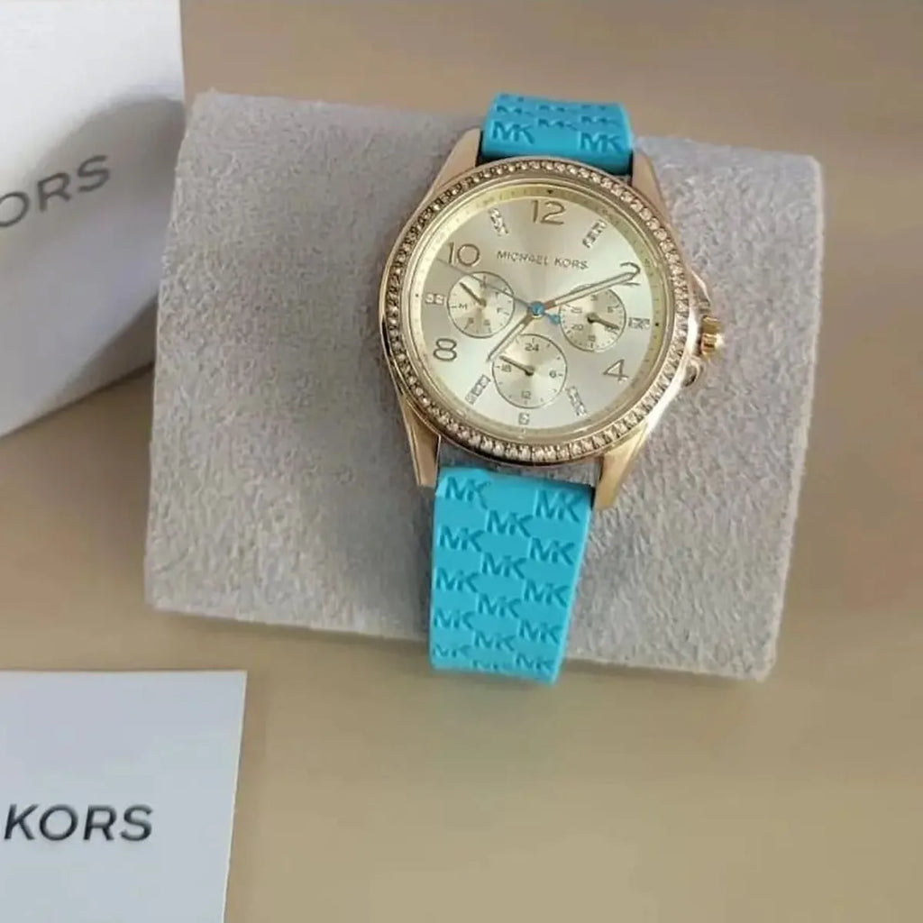 Michael Kors Mini Pilot Quartz Gold Dial Blue Silicone Strap Watch For Women - MK7374 Buy Now By Michael Kors