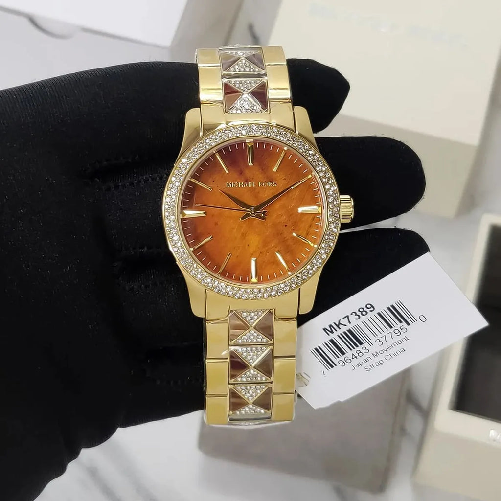 Michael Kors Runway Three Hand Brown Dial Two Tone Steel Strap Watch For Women - MK7389 Buy Now By Michael Kors