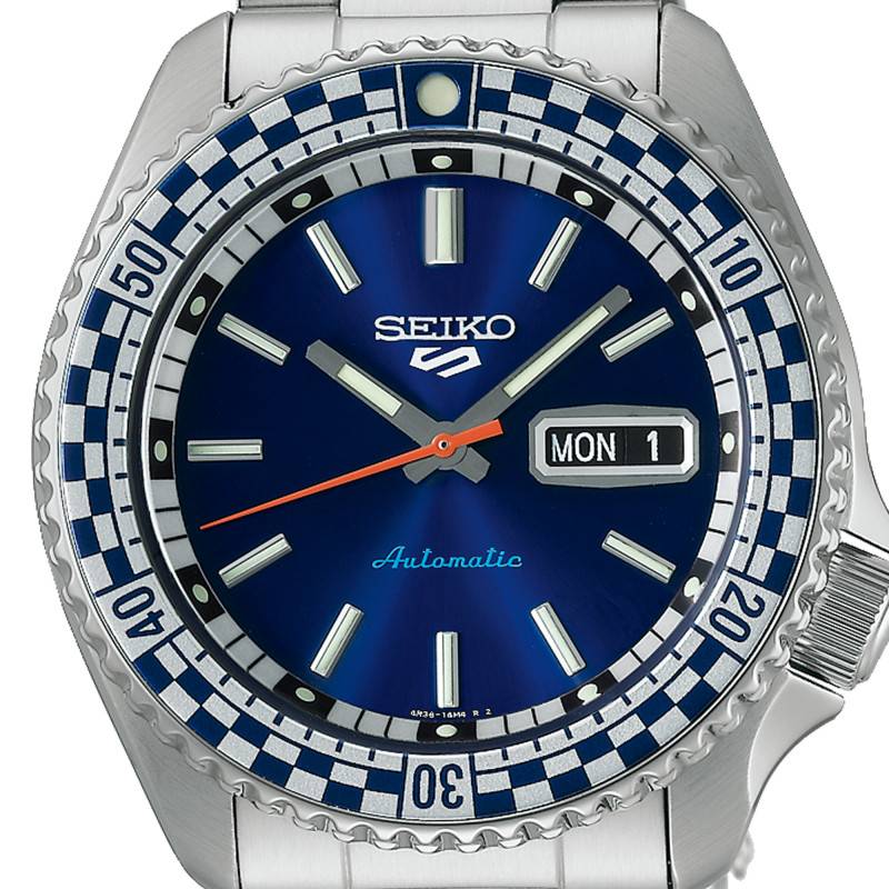 Seiko 5 Sports Petrol Blue Checker Flag Special Edition Blue Dial Silver Steel Strap Watch For Men - SRPK65K1 Buy Now By Seiko