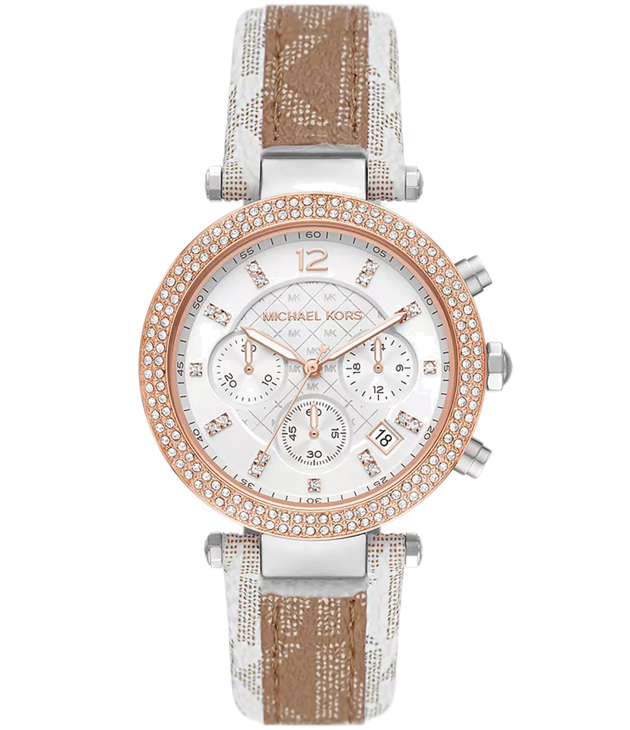 Michael Kors Parker Chronograph White Dial Two Tone Leather Strap Watch For Women - MK6950 Buy Now By Michael Kors