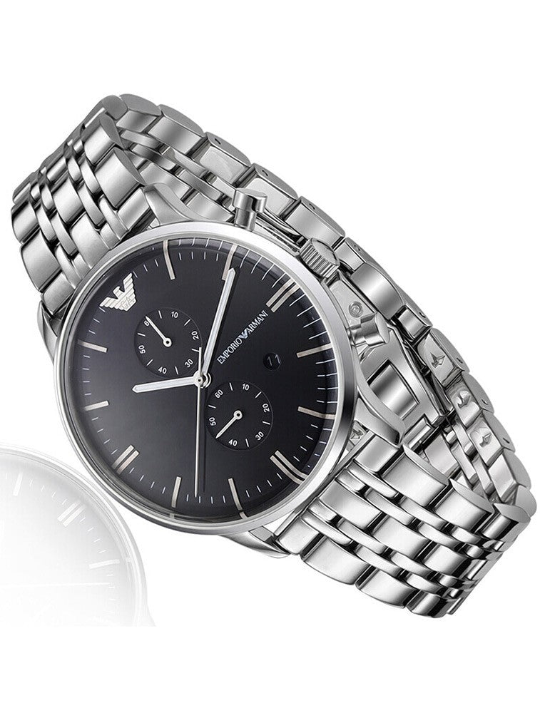 Emporio Armani Gianni Chronograph Black Dial Silver Steel Strap Watch For Men - AR80009 Buy Now By Emporio Armani