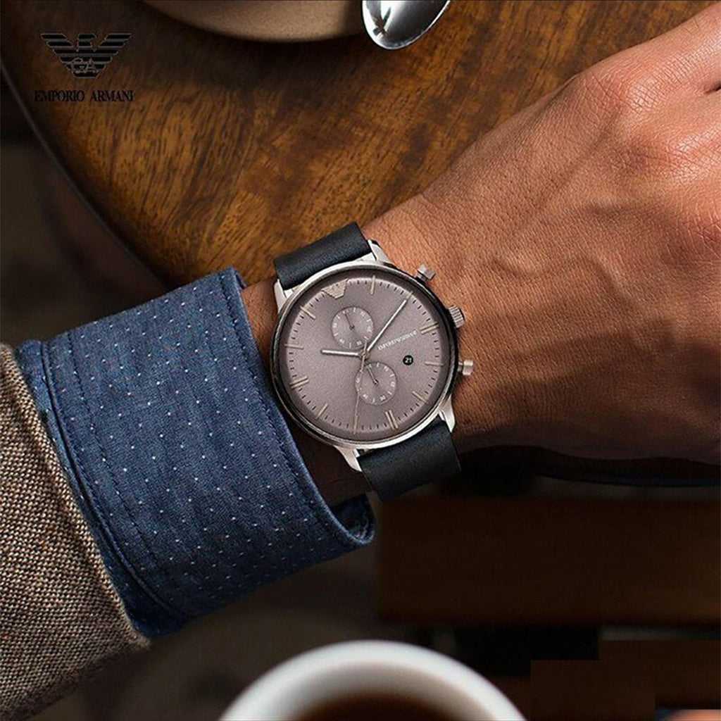 Emporio Armani Classic Grey Dial Grey Leather Strap Watch For Men - AR0388 Buy Now By Emporio Armani