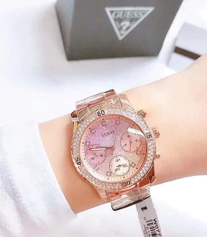 Guess Confetti Pink Dial Rose Gold Steel Strap Watch For Women - W0774L3 Buy Now By Guess