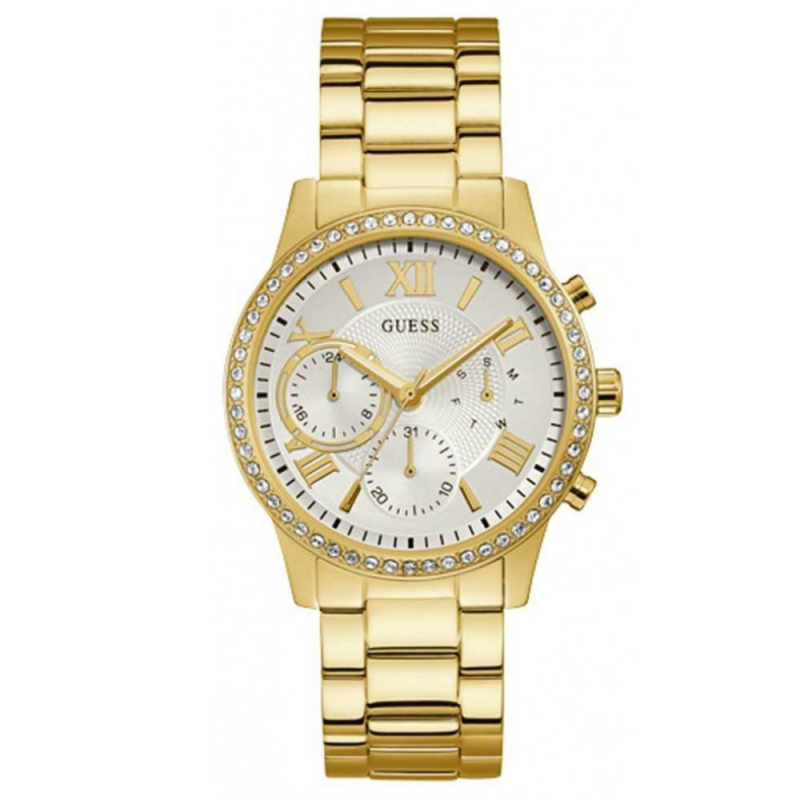 Guess Solar Chronograph Diamonds White Dial Gold Steel Strap Watch for Women - W1069L2 Buy Now By Guess