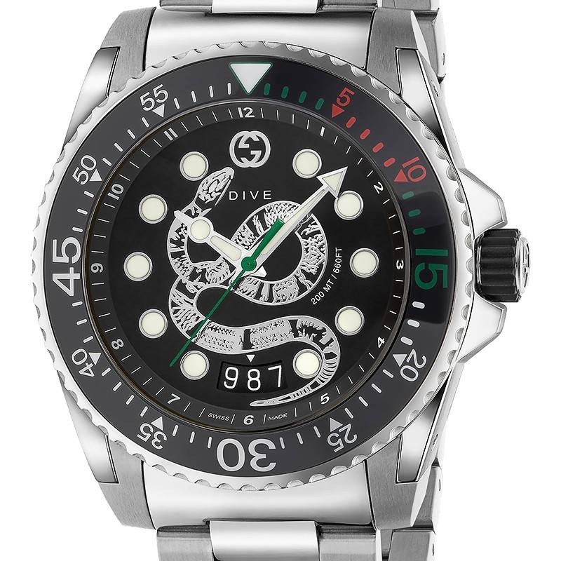 Gucci Dive Snake Black Dial Silver Steel Strap Watch For Men - YA136218 Buy Now By Gucci