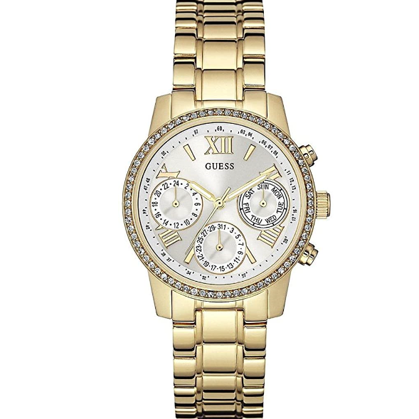 Guess Mini Sunrise Diamonds Silver Dial Gold Steel Strap Watch for Women - W0623L3 Buy Now By Guess