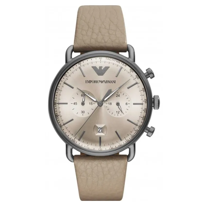 Emporio Armani Aviator Chronograph Quartz Grey Dial Beige Leather Strap Watch For Men - AR11107 Buy Now By Emporio Armani