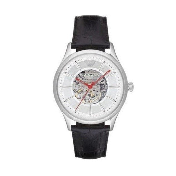 Emporio Armani Meccanico Silver Skeleton Dial Black Leather Strap Watch For Men - AR2072 Buy Now By Emporio Armani