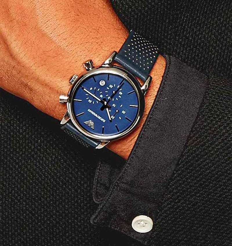 Emporio Armani Luigi Chronograph Blue Dial Black Leather Strap Watch For Men - AR1736 Buy Now By Emporio Armani