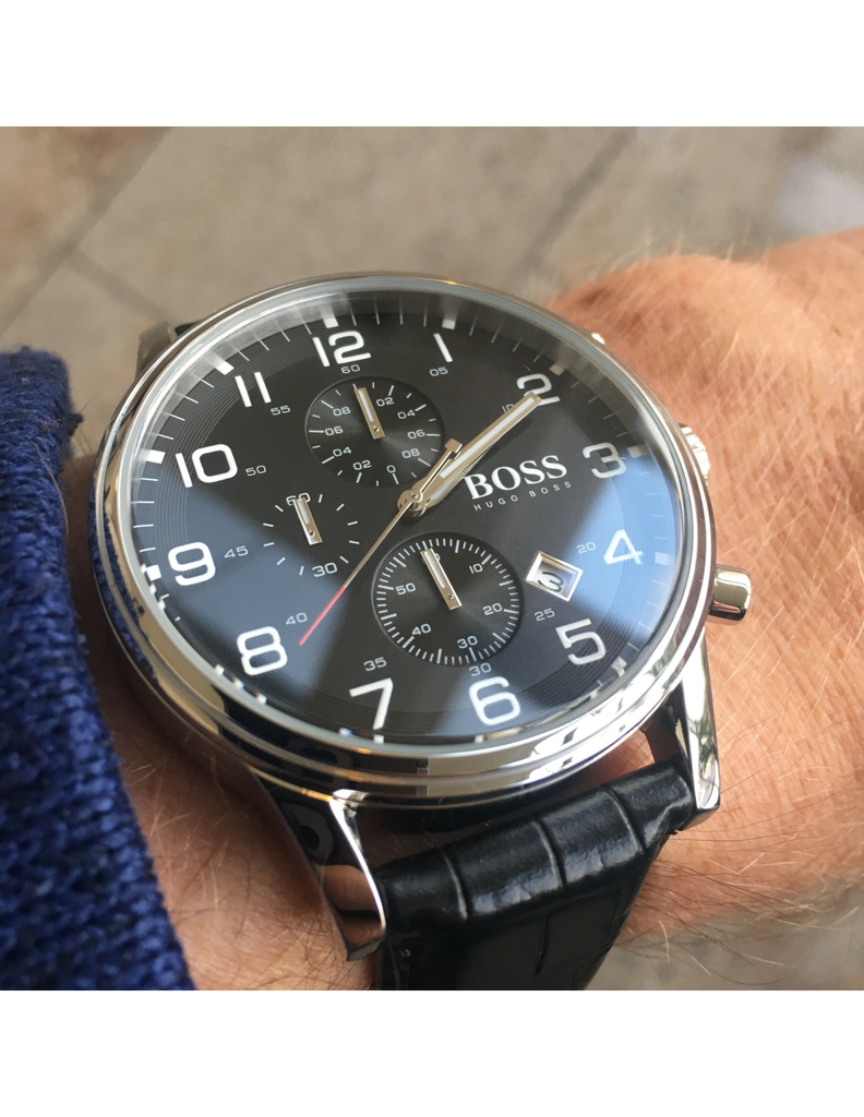 Hugo Boss Aeroliner Chronograph Quartz Black Dial Black Leather Strap Watch For Men - HB1512448 Buy Now By Hugo Boss