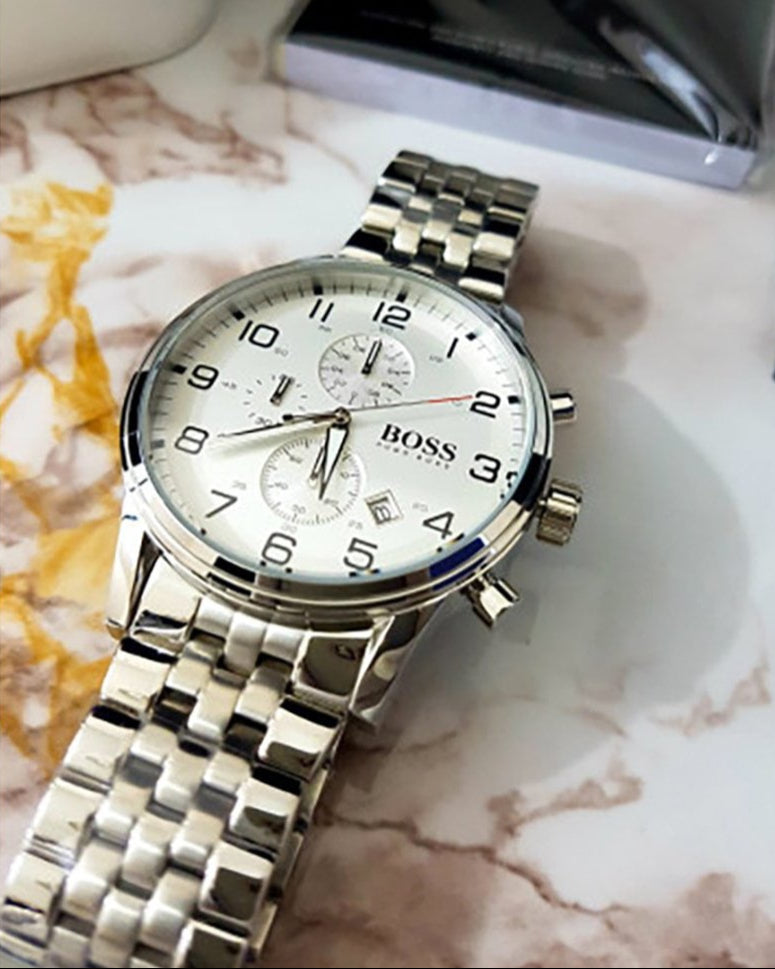Hugo Boss Aeroliner Chronograph White Dial Silver Steel Strap Watch For Men - 1512445 Buy Now By Hugo Boss