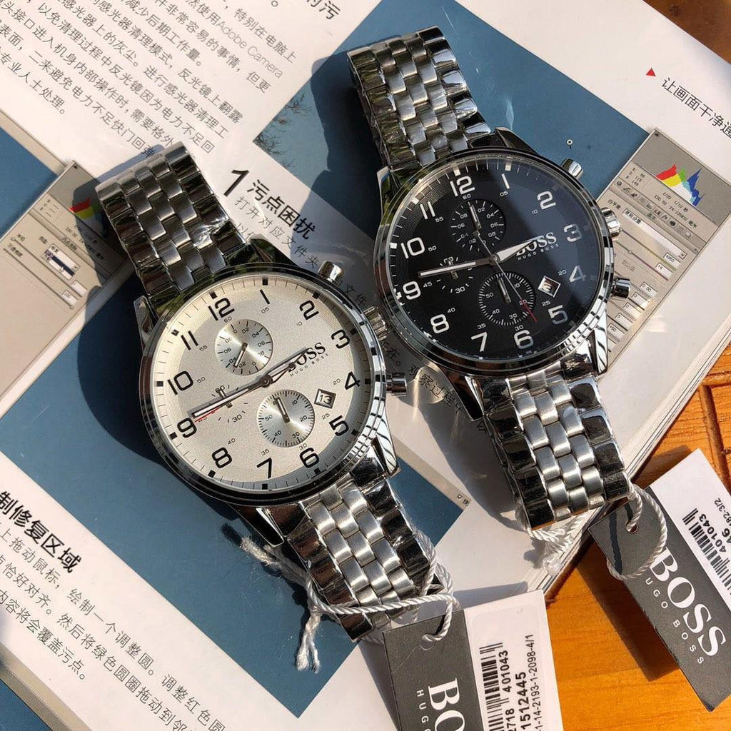 Hugo Boss Aeroliner Chronograph Quartz White Dial Silver Steel Strap Watch For Men - HB1512445 Buy Now By Hugo Boss