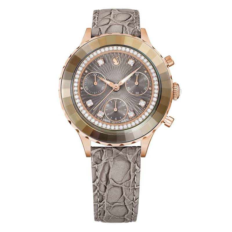 Swarovski Octea Chrono Grey Dial Grey Leather Strap Watch for Women - 5671153 Buy Now By Swarovski