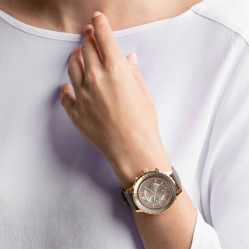 Swarovski Octea Lux Chrono Grey Dial Grey Leather Strap Watch for Women - 5452495 Buy Now By Swarovski
