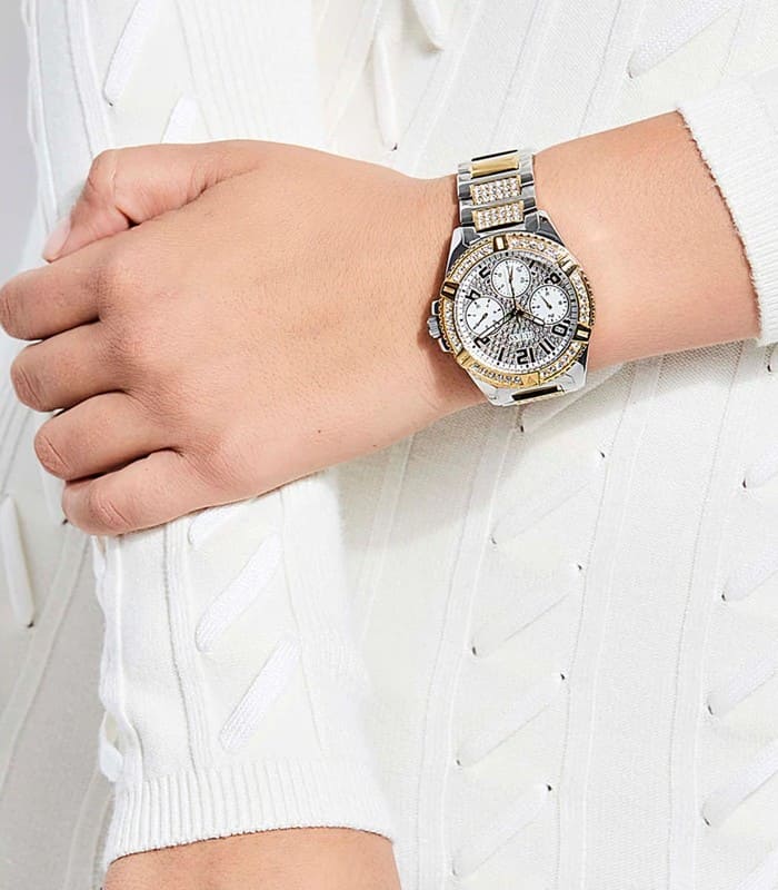 Guess Frontier Chronograph Crystals Gold Dial Two Tone Steel Strap Watch For Women - W1156L5 Buy Now By Guess