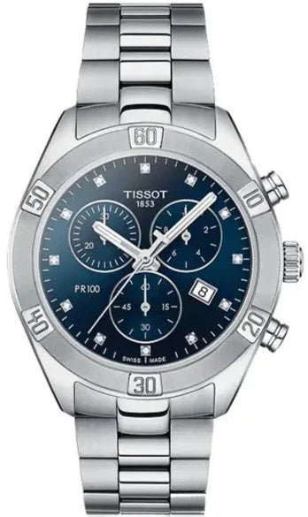Tissot PR 100 Sport Chic Chronograph Diamonds Blue Dial Silver Steel Strap Watch for Women - T101.917.11.046.00 Buy Now By Tissot