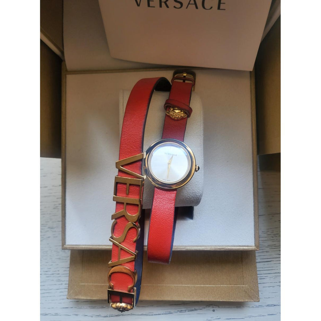 Versace V-Flare Quartz Silver Dial Red Leather Strap Watch for Women - VEBN00418 Buy Now By Versace