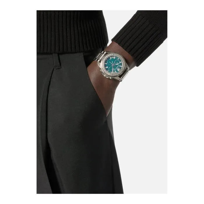 Versace Greca Action Chronograph Quartz Green Dial Silver Steel Strap Watch for Men - VE3J00422 Buy Now By Versace