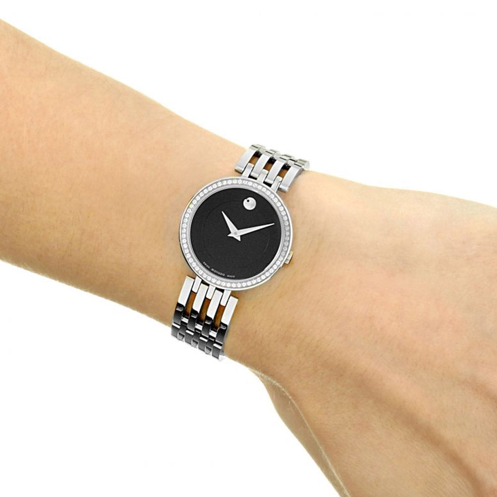 Movado Esperanza 63 Diamonds Black Dial Silver Steel Strap Watch For Women - 0607052 Buy Now By Movado
