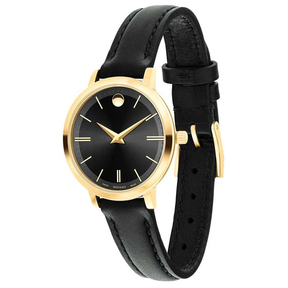 Movado Ultra Slim Black Dial Black Leather Strap Watch For Women - 0607095 Buy Now By Movado
