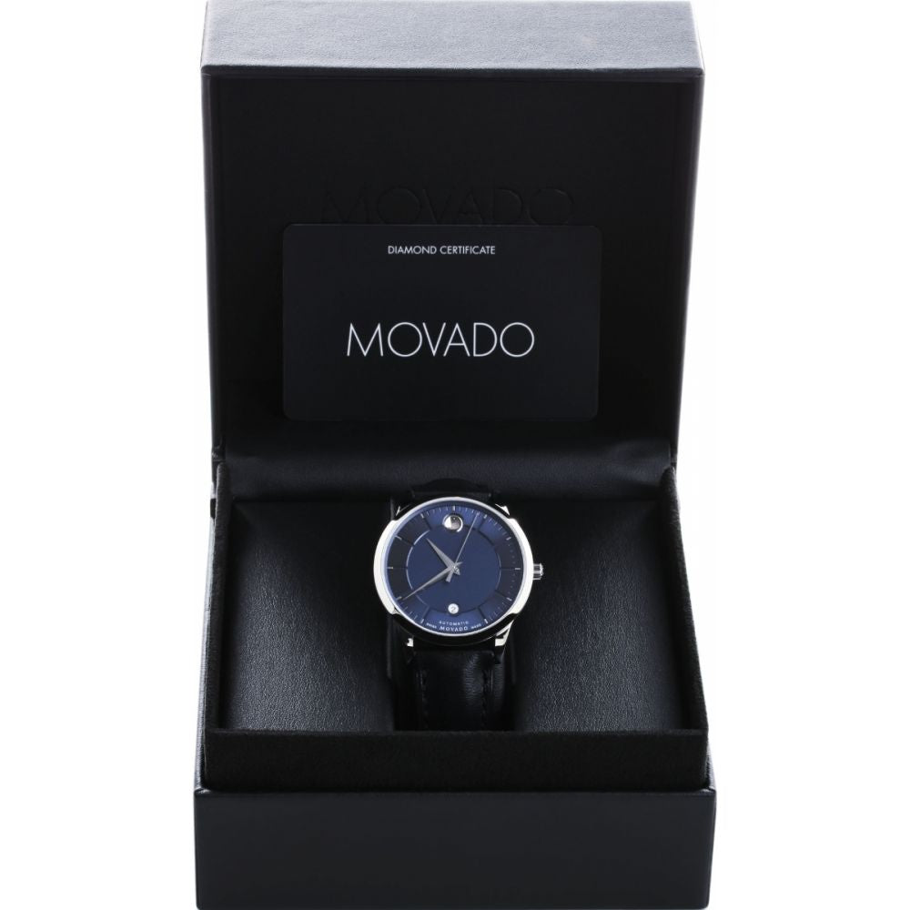 Movado 1881 Automatic Blue Dial Black Leather Strap Watch For Men - 606874 Buy Now By Movado