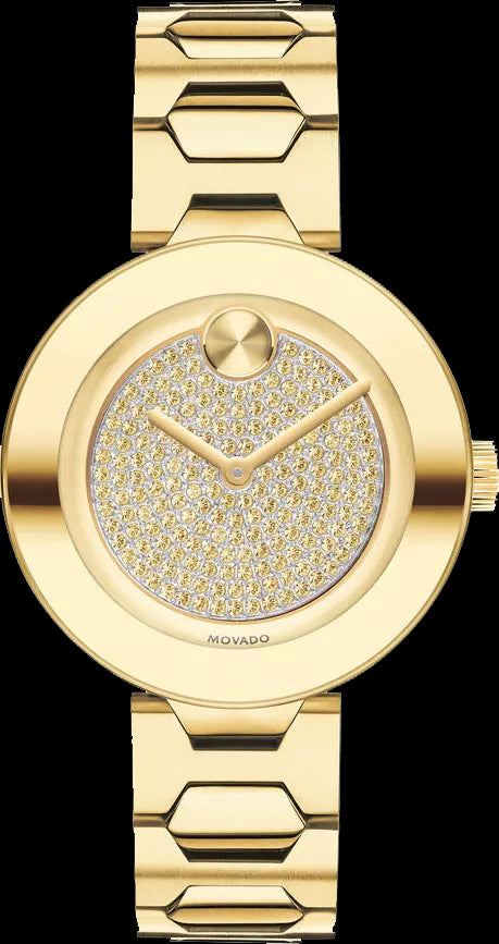 Movado Bold Crystal Gold Dial Gold Steel Strap Watch For Women - 3600492 Buy Now By Movado