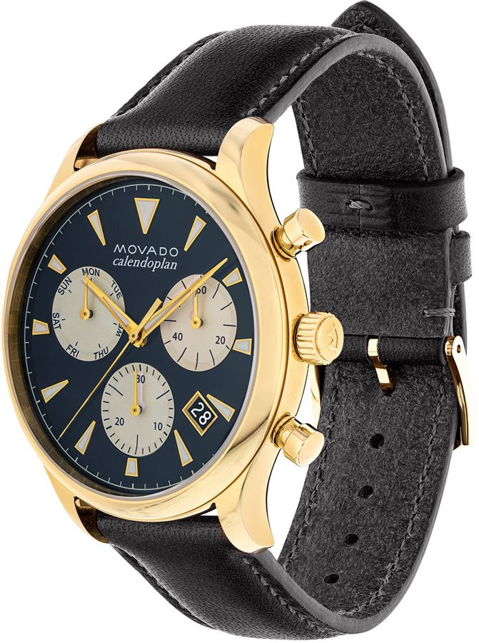 Movado Heritage Chronograph Calendoplan Blue Dial Black Leather Strap Watch for Men - 3650006 Buy Now By Movado