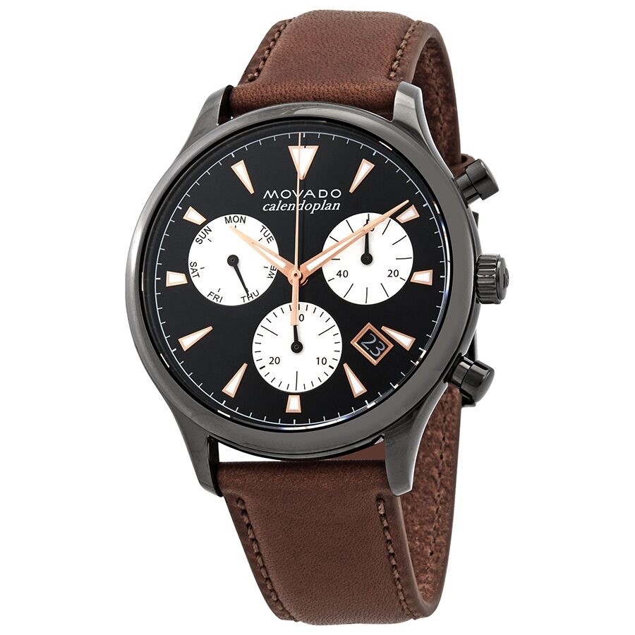Movado Heritage Calendoplan Chronograph Black Dial Brown Leather Strap Watch for Men - 3650022 Buy Now By Movado