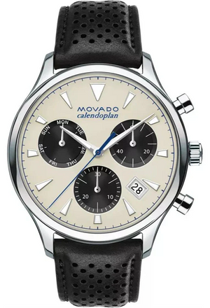 Movado Heritage Calendoplan Chronograph Silver Dial Black Leather Strap Watch for Men - 3650024 Buy Now By Movado