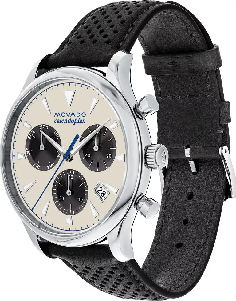 Movado Heritage Calendoplan Chronograph Silver Dial Black Leather Strap Watch for Men - 3650024 Buy Now By Movado