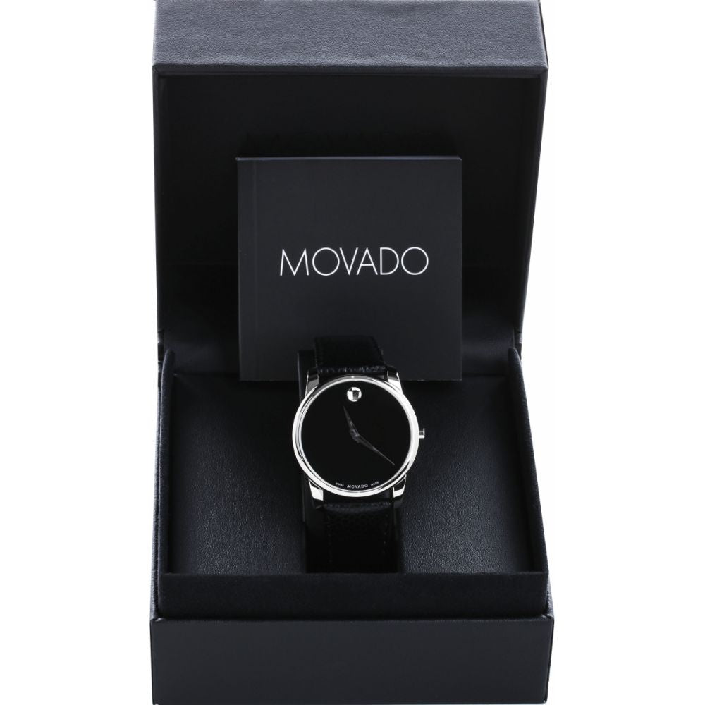 Movado Museum Black Dial Black Leather Strap Watch For Men - 607012 Buy Now By Movado