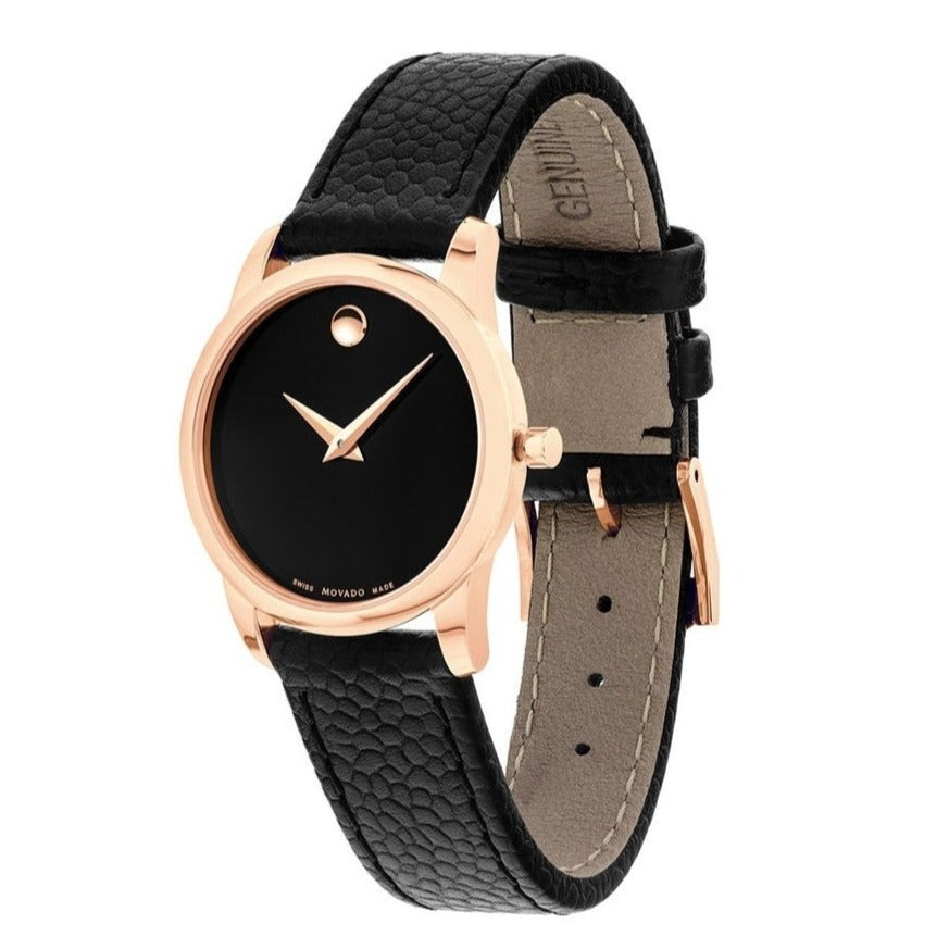 Movado Museum Classic Black Dial Black Leather Strap Watch For Women - 607061 Buy Now By Movado