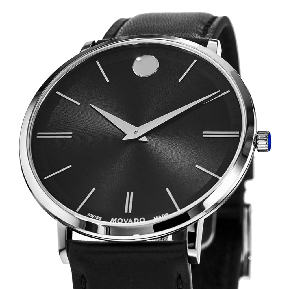 Movado Ultra Slim Black Dial Black Leather Strap Watch For Men - 0607086 Buy Now By Movado