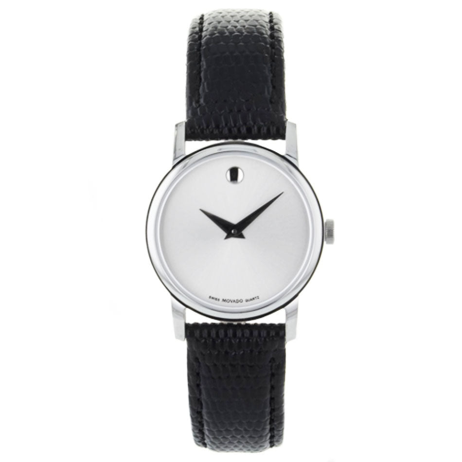 Movado Museum Silver Dial Black Leather Strap Watch For Women - 2100003 Buy Now By Movado