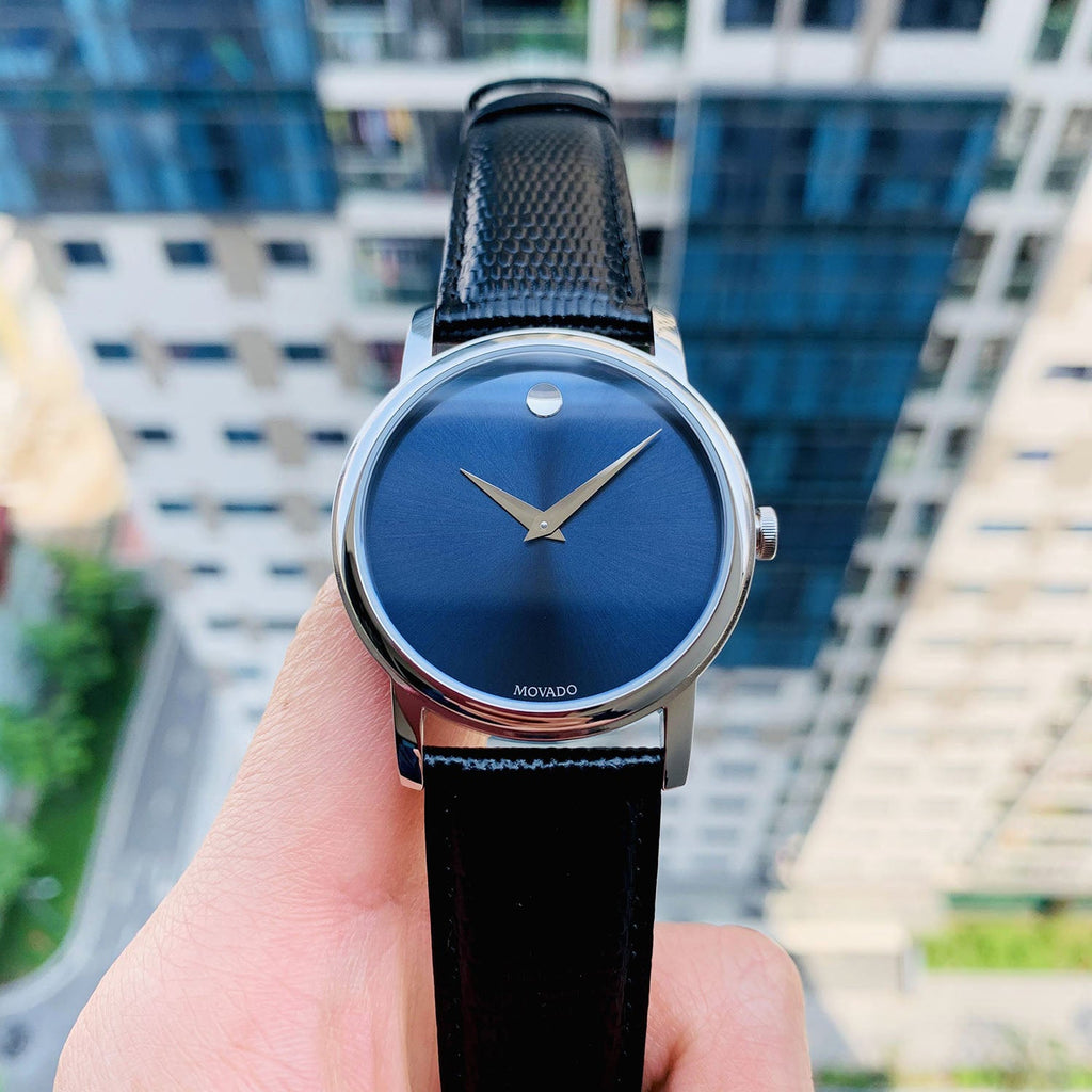Movado Museum Blue Dial Black Leather Strap Watch For Men - 2100009 Buy Now By Movado