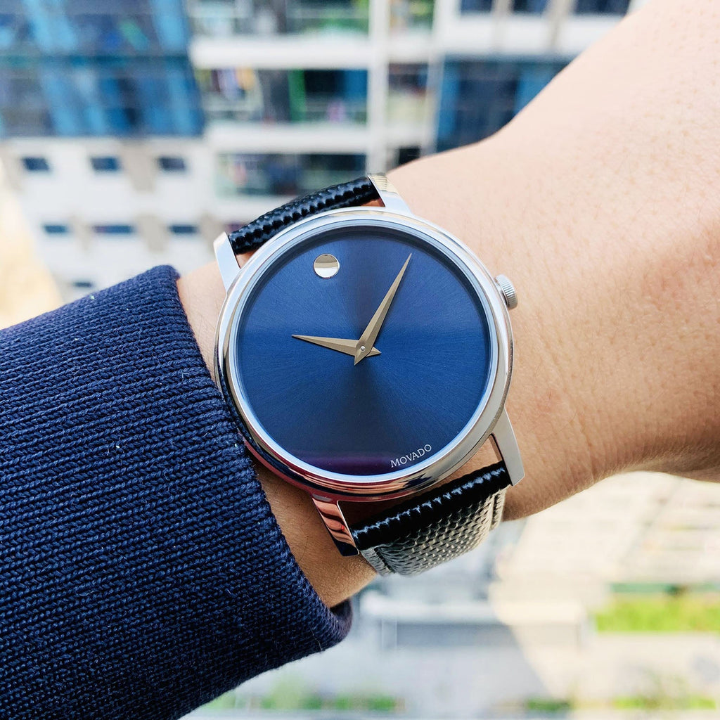Movado Museum Blue Dial Black Leather Strap Watch For Men - 2100009 Buy Now By Movado