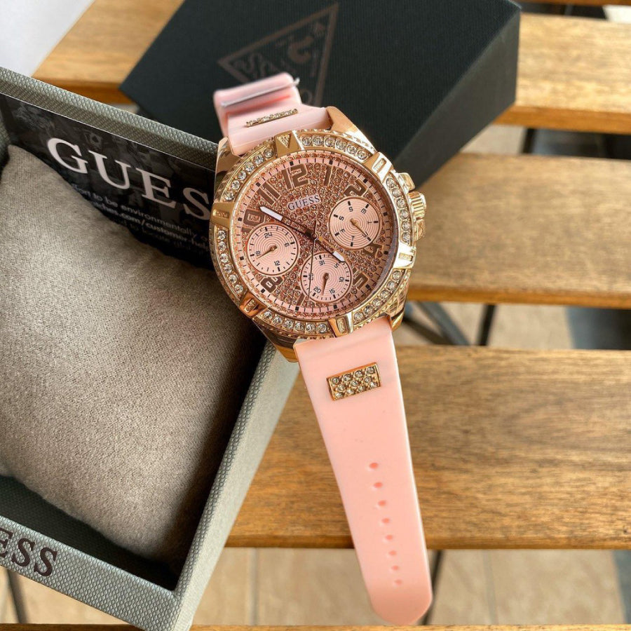 Guess Frontier Diamonds Rose Gold Dial Pink Rubber Strap Watch For Women - W1160L5 Buy Now By Guess
