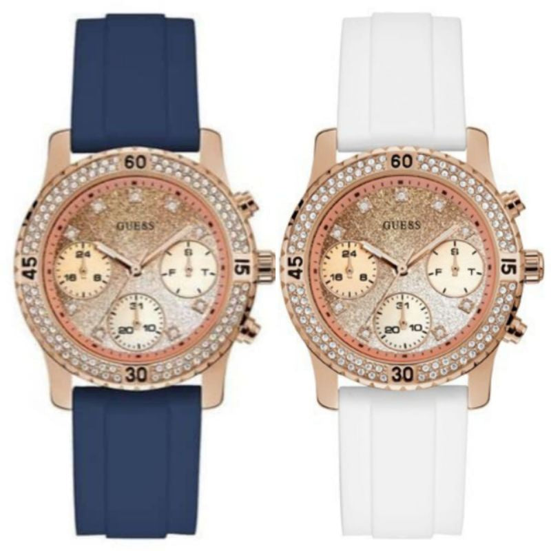 Guess Confetti Diamonds Gold Dial Blue Rubber Strap Watch For Women - W1098L6 Buy Now By Guess