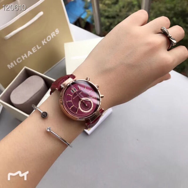 Michael Kors Sawyer Maroon Dial Maroon Leather Strap Watch for Women - MK2426 Buy Now By Michael Kors